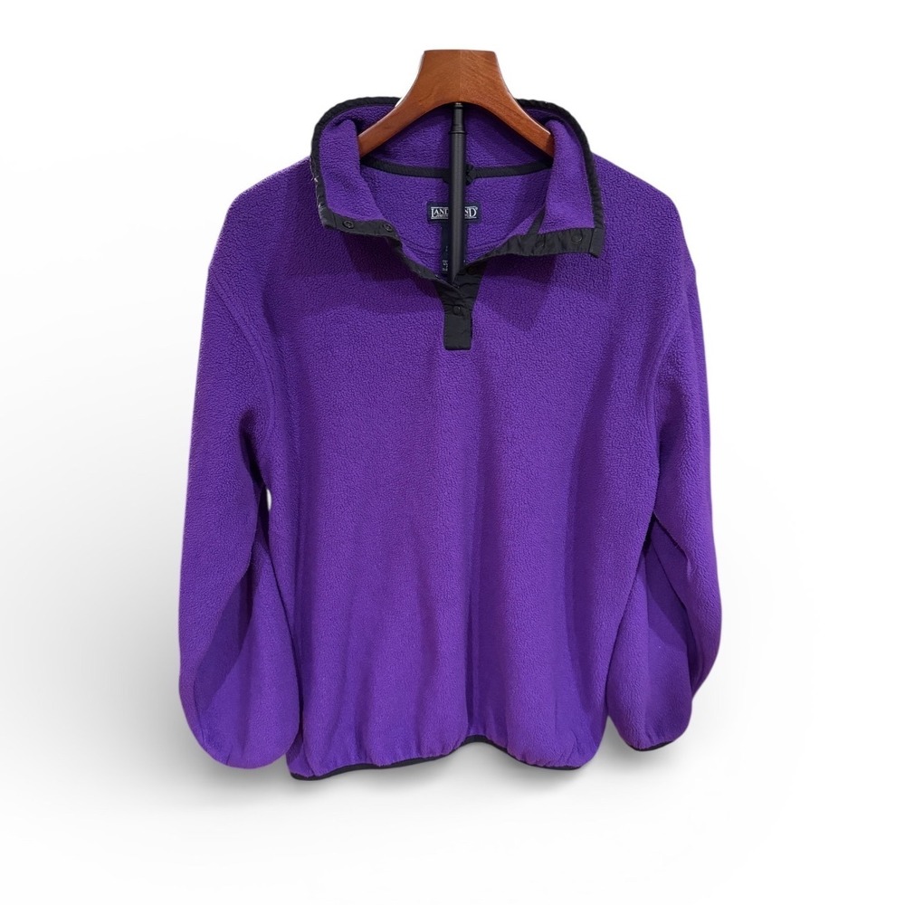 Vtg 90s Lands End Purple Fleece Pullover Snap Neck Womens Large L 14-16 USA Made
